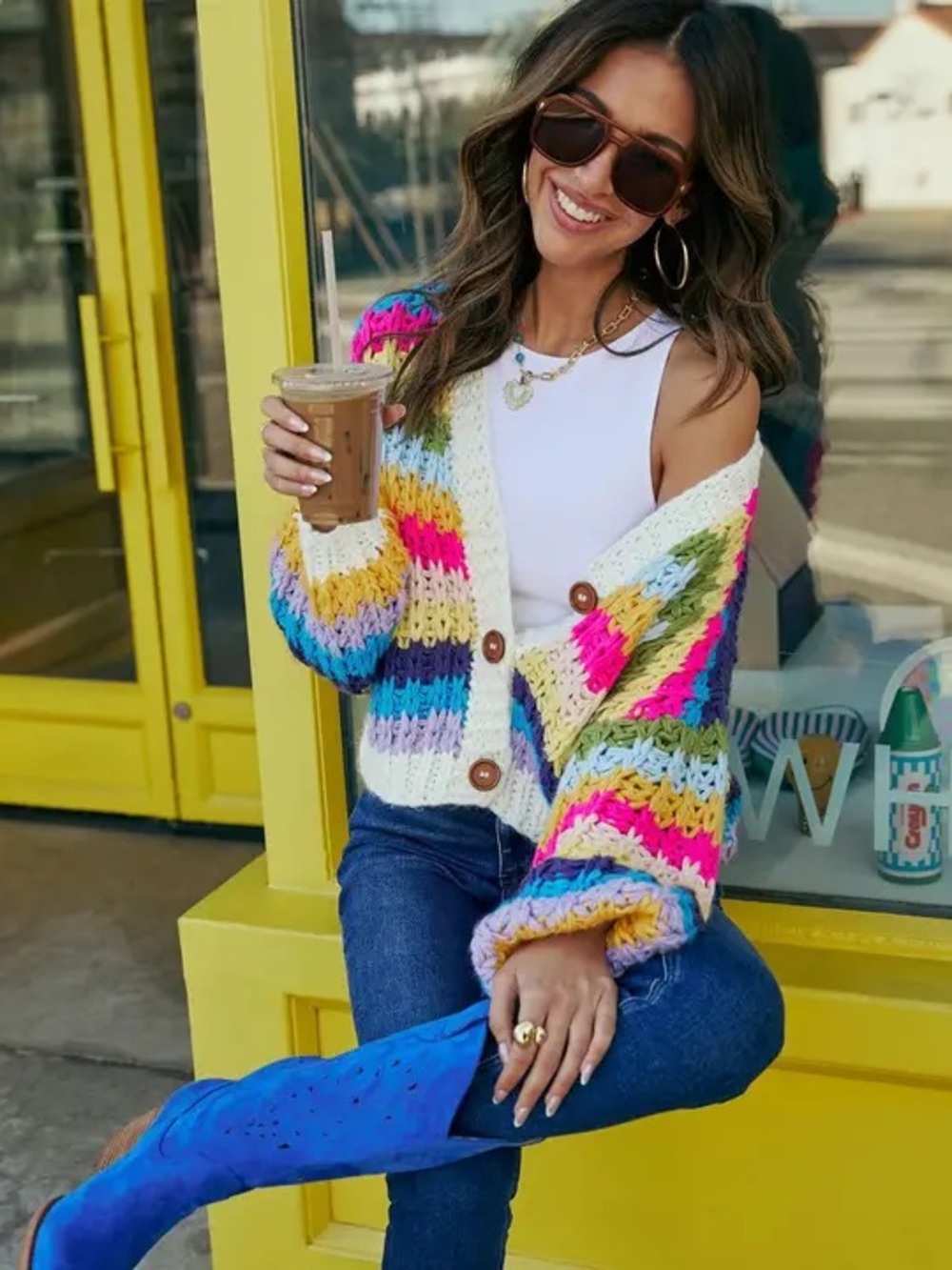 Vici Fate Bright Multi-Stripe Crochet Cardigan - Pink Blue Yellow Green Cream, S